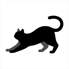 Minimal flat vector illustration of a playful cat stretching in side view, clean modern style perfect for logo and character design