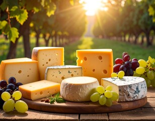 Assorted cheeses and grapes on a wooden board in a vineyard setting at sunset