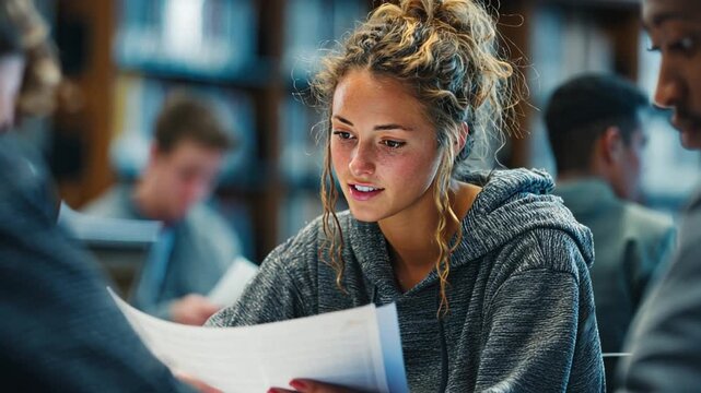 Focused Study in the Library: A studious young woman, engrossed in a document with focused attention, surrounded by her peers in the library.
