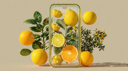 Modern smartphone display with floating citrus fruits