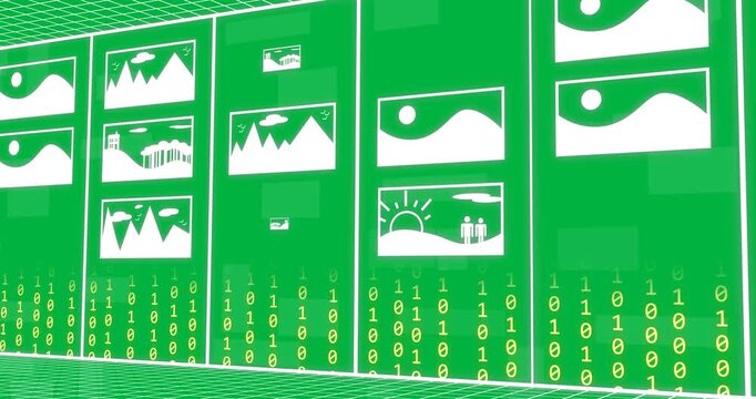 Animation of binary coding over digital ai landscape icons on transparent background