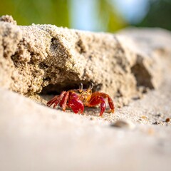 Tiny crab hiding in sandy beach crevice