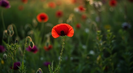 Vibrant red poppy flowers in a field illuminated by warm sunlight