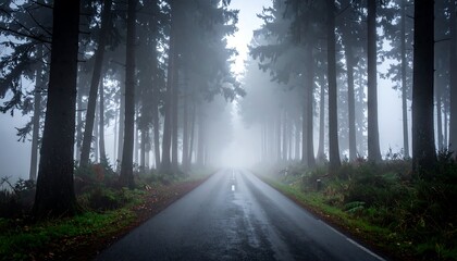 An asphalt road cuts through a dense forest, disappearing into a heavy fog. Tall trees line the path, creating a tunnel-like effect with somber atmospheric quality
