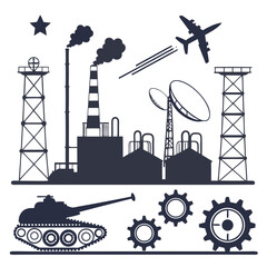Industrial complex with factory smokestacks communication towers airplane tank and gears
