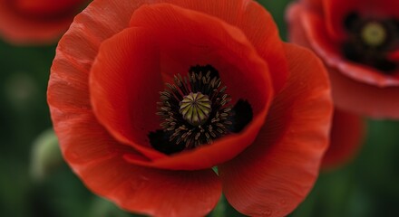 Vibrant red poppy flowers in full bloom against a soft green backdrop
