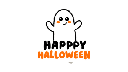 Laughing ghost floating above happy Halloween on white background 