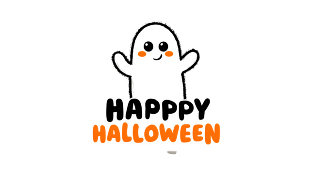 Laughing ghost floating above happy Halloween on white background 