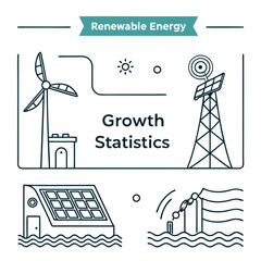 Renewable energy growth statistics illustrated with wind turbine solar panels and hydroelectric power