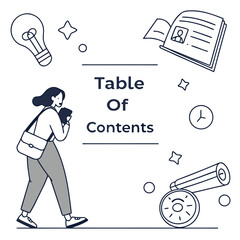 Woman with bag and phone walks past table of contents with lightbulb and telescope icons