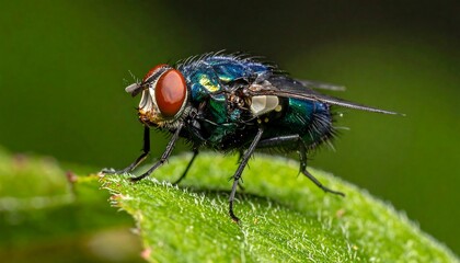 Close-up captures a metallic green fly on a leaf, showcasing its red eyes and intricate details. The backdrop is blurry