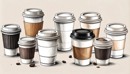 Assorted coffee cups, various sizes and lids, with coffee beans