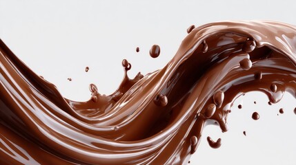 High-resolution chocolate splash on clean white background, dynamic liquid motion, rich glossy texture, smooth flowing curves, professional advertising style.