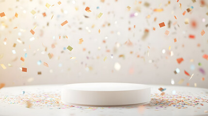 Celebrate success with a stunning empty podium showered in vibrant confetti, perfect for showcasing achievements and special moments.