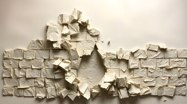 Cracked Brick Wall - A section of a white brick wall is broken, creating an uneven hole. The bricks are scattered, highlighting the abrupt damage.