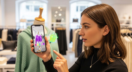 Woman using augmented reality app to virtually try on clothing in modern boutique, experiencing seamless online shopping with innovative tech