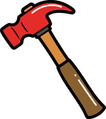 Cartoon Hammer with Red Head and Brown Handle, Angled Perspective.