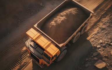 Overhead view of a dump truck filled with soil and gravel at a construction site