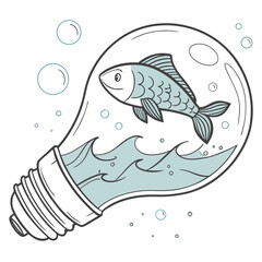 A whimsical illustration of a fish swimming inside a lightbulb filled with water and waves surrounded by bubbles