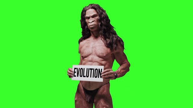A muscular caveman with long hair and fur clothing holds a white sign reading "EVOLUTION" while standing against a chroma key green background, ideal for science education, human history videos, anthr