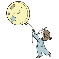 Cute cartoon child in pajamas holding a yellow balloon with a smiling moon face and a star on a white background