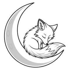 Cute cartoon fox curled up sleeping peacefully on a crescent moon against a white background stylized illustration