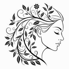 Elegant profile of a woman with her hair transforming into a flowing vine with leaves and a single flower