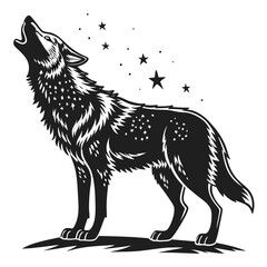 Stylized black silhouette of a wolf howling at a starry night sky with celestial elements and a dramatic aura