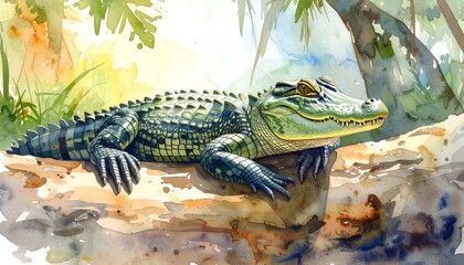 Watercolor Alligator Portrait - Sun-Drenched Scales and Gentle Gaze in Lush Habitat.