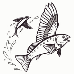 Stylized illustration of a flying fish with feathered wings leaping from water alongside another jumping fish