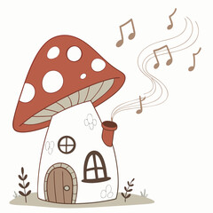 Whimsical mushroom house with a red spotted cap emits musical notes from its chimney creating a charming melody