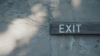 The Exit Sign: A weathered wooden exit sign affixed to a textured, worn wall, casting shadows, signaling an inviting passage and a quiet moment of contemplation.