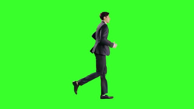 A young businessman in a dark suit runs energetically in a seamless loop seen from behind against a chroma key green background, suitable for corporate success videos, motivation themes, career growth