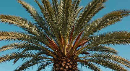Palm tree against clear blue sky showcasing detailed fronds and texture