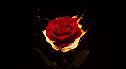 Vibrant red rose encircled by flames against a black background