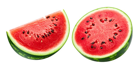 Isolated half watermelon slice with fresh red flesh and visible seeds on white background