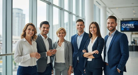 Confident team of business professionals smiling in modern office building, radiating success and leadership with teamwork and innovation at their core