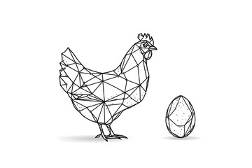 Geometric line art illustration of a chicken standing next to a geometric line art egg on white
