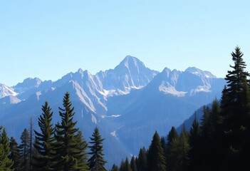 Fototapeta premium Majestic mountain range, towering pines, clear blue sky, sun, blue