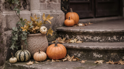 Autumn Pumpkins Decorating Old Stone Stairs