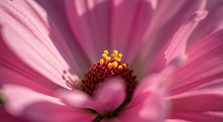 Close up of a pink flower with yellow center in soft natural sunlight