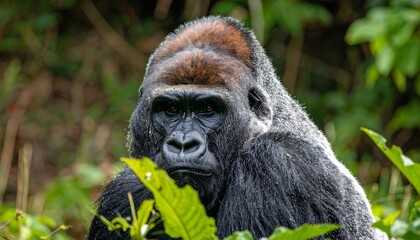 Obraz premium A silverback gorilla stares intently, surrounded by vibrant green foliage in its habitat