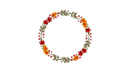 Autumn Fall Wreath Frame with Leaves and Red Berries on Transparent Background. Alpha Channel Included. - Powered by Adobe