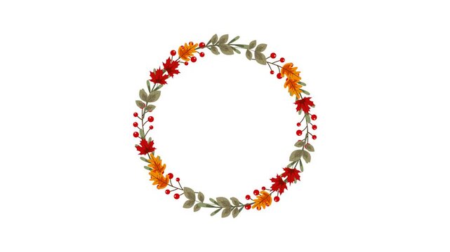 Autumn Fall Wreath Frame with Leaves and Red Berries on Transparent Background. Alpha Channel Included.