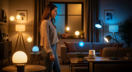 Control your smart home with ease as a young woman adjusts lighting using voice command technology in her modern living room for added convenience