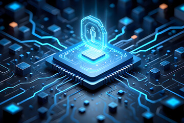 A glowing blue circuit board with a central processor and a person icon on a shield above it