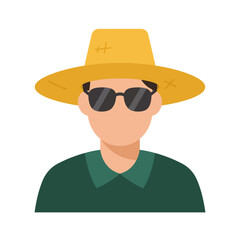 A vector graphic of a person wearing a yellow straw hat, sunglasses, and a green shirt.