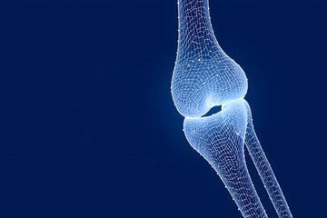 A digital rendering of a knee joint with a wireframe design on a dark blue background space view