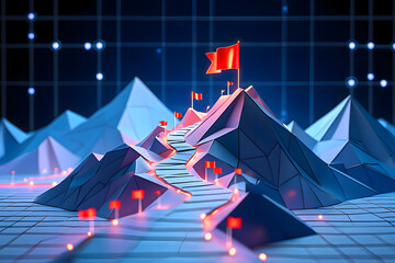 A digital landscape with low poly mountains and a winding path leading to a flag on the peak