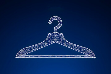 A digital illustration of a white wireframe hanger on a dark blue background with fashion text above it